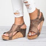 Plus Size Peep Toe PU Wedges Blocking Hook-Loop Wedge Sandals