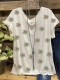 Cotton-Blend Floral V Neck Casual Shirts & Tops