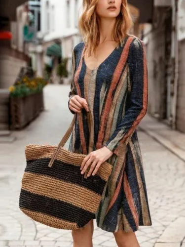 Red V Neck Striped Vintage Dresses