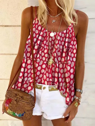 Round Neck Polka Dots Sleeveless Holiday Shirts & Tops