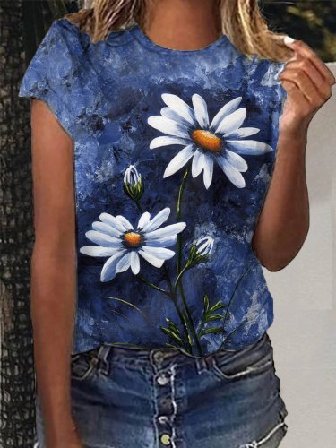 Crew Neck Short Sleeve Floral-Print Casual Shirts & Tops