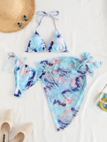 Tie Dye Three-Piece Halter Bikini Swim Suit