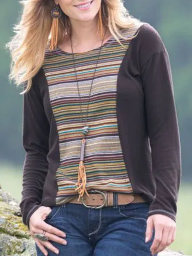 Brown Crew Neck Printed Striped Casual Plus Size Blouse