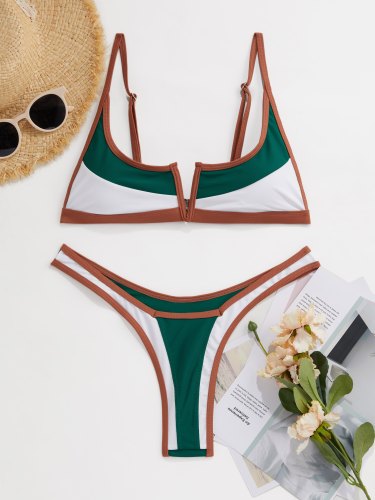 Retro Color Block V Notch Bikini
