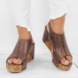 Plus Size Peep Toe PU Wedges Blocking Hook-Loop Wedge Sandals