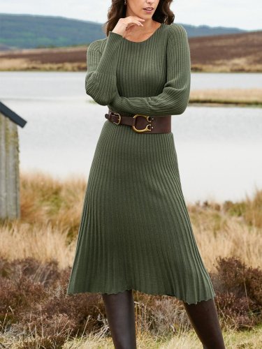 Army Green Long Sleeve Knitted Crew Neck Shift Dresses