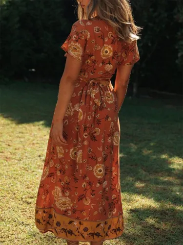 Yellow Floral-Print Short Sleeve Dresses