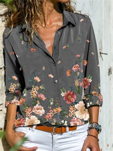 Gray Shawl Collar Long Sleeve Printed Shirts & Tops