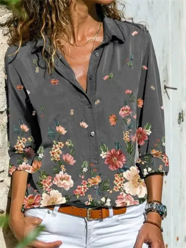 Gray Shawl Collar Long Sleeve Printed Shirts & Tops