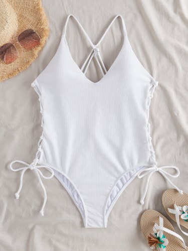 Ribbed Side Lace Up One-Piece Swimsuit