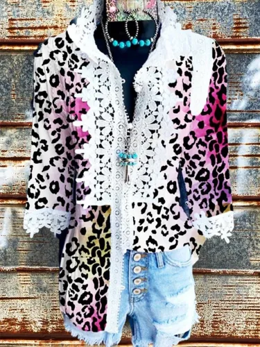Half Sleeve Leopard Guipure Lace Casual Shirts & Tops