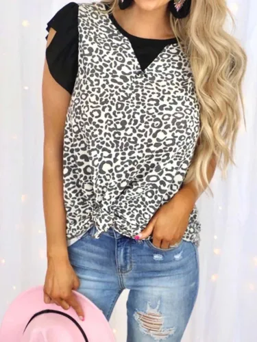 Leopard Casual Sleeveless Cotton-Blend Shirts & Tops