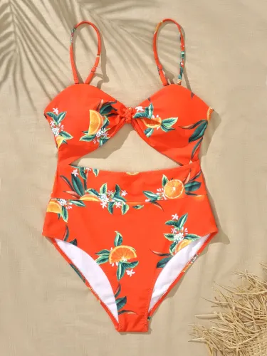 Retro Orange Leaf Print Cut Out Swimsuit