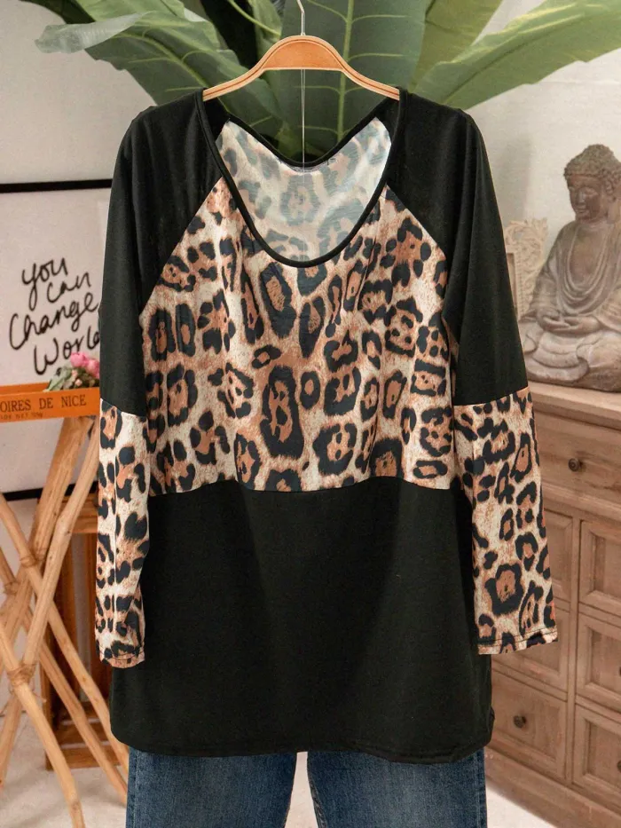 Black Cotton-Blend Casual Crew Neck Leopard Shirts & Tops