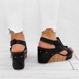 Plus Size Peep Toe PU Wedges Blocking Hook-Loop Wedge Sandals
