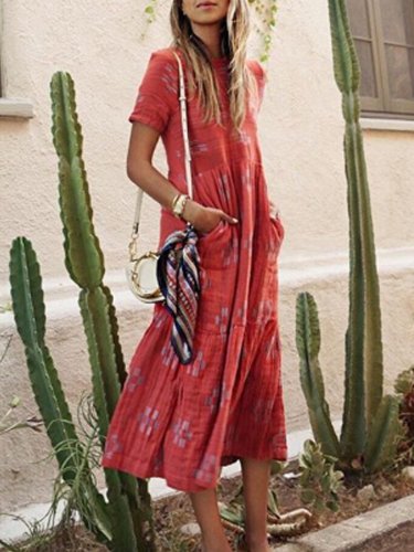 Pockets Cotton-Blend Short Sleeve Dresses