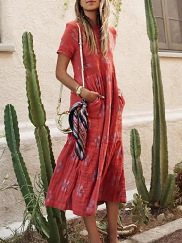 Pockets Cotton-Blend Short Sleeve Dresses