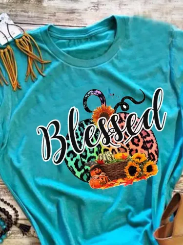 Blue Short Sleeve Cotton Crew Neck Printed Shirts & Tops