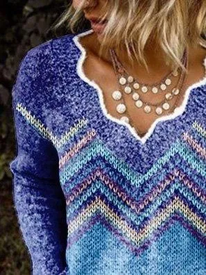 Purple Exotic V Neck Long Sleeve Stripes Sweater