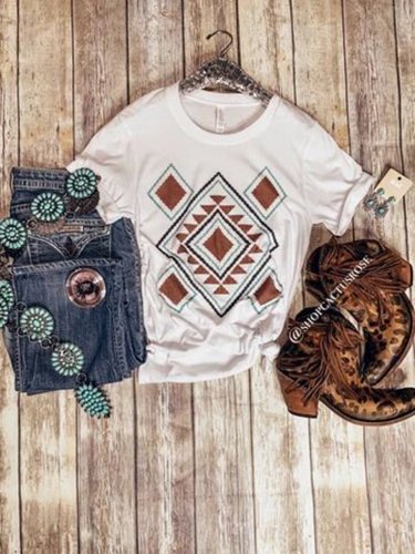 White Printed Jersey Casual Geometric Shirts & Tops