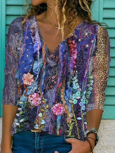 Printed Vintage Abstract Cotton-Blend Shirts & Tops