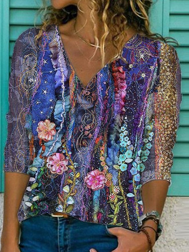Printed Vintage Abstract Cotton-Blend Shirts & Tops