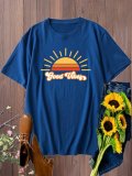 Vintage Short Sleeve Sunshine Good Vibes Letter Printed Plus Size Casual Tops