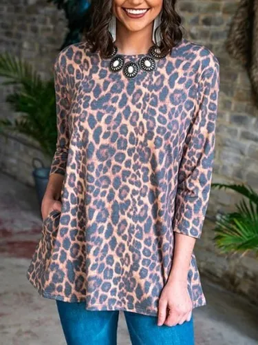 Vintage Printed Leopard 3/4 Sleeve Shirts & Tops