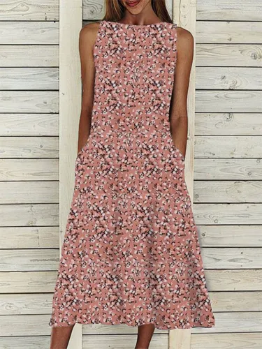 Pink Floral Crew Neck Casual Floral-Print Dresses