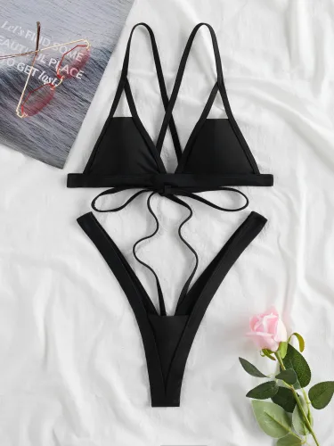 Solid Cut Out Backless String Thong Bikini