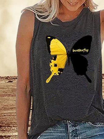 Dark grey round neck casual butterfly print T-shirt