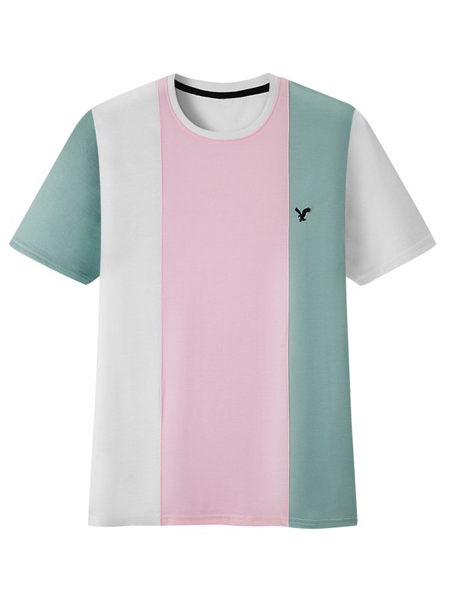 Men's Eagle Embroidered Color Block Round Neck Tee
