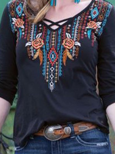 Embroidered Long Sleeve Floral V Neck Shirts & Tops
