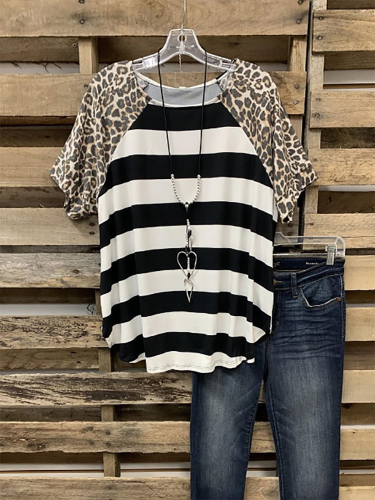 Black Short Sleeve Cotton-Blend Leopard Shirts & Tops