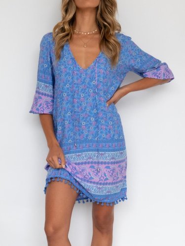 Cotton-Blend Shift Half Sleeve Floral Dresses