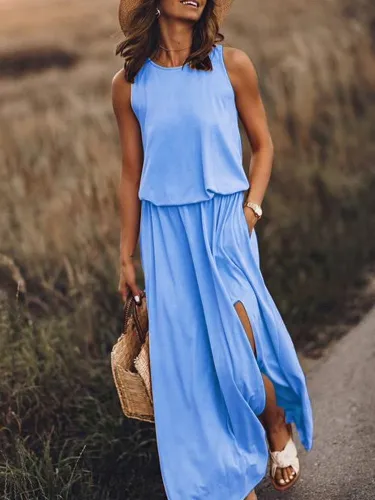 Pink Holiday Cotton-Blend Solid Round Neck Dresses