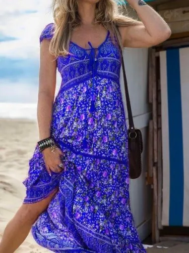 V Neck Boho Floral-Print Dresses