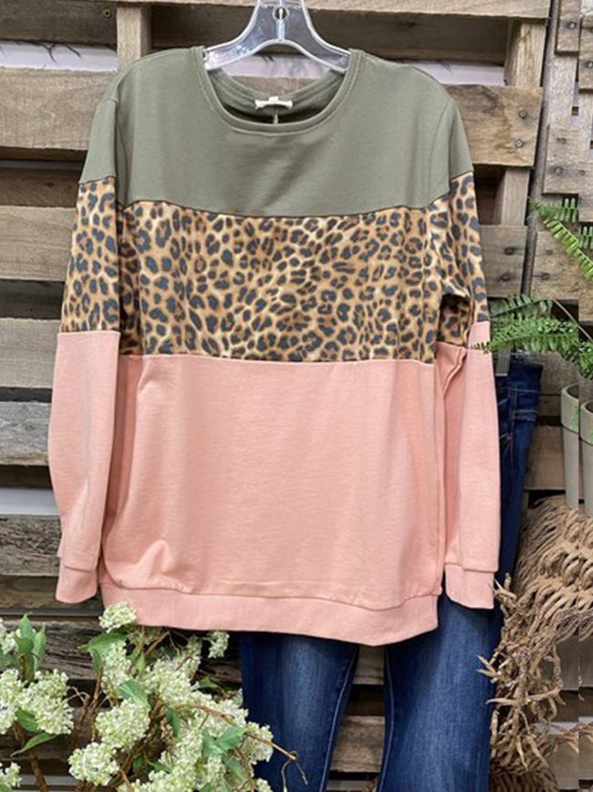Round Neck Leopard Casual Shirts & Tops