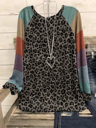 Leopard Casual Round Neck Geometric Cotton-Blend Shirts & Tops
