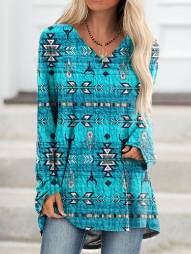 Geometric Shift V Neck Long Sleeve Shirts & Tops