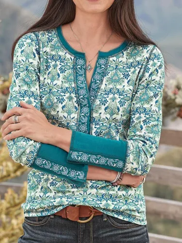 Casual Floral Long Sleeve Round Neck Shirts & Tops