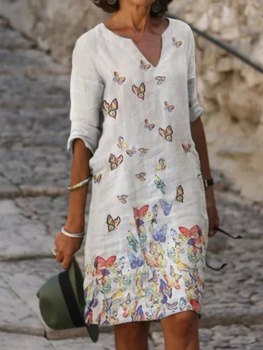 Vintage Butterflies Printed Plus Size 3/4 Sleeve Casual Dresses