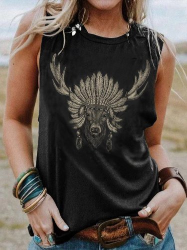 Plus Size Tribal Crew Neck Casual Sleeveless Cotton-Blend Shirts & Tops