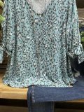 Blue V Neck Long Sleeve Printed Tops