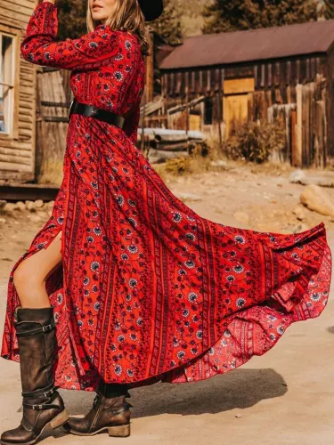 V Neck Casual Long Sleeve Floral Dresses