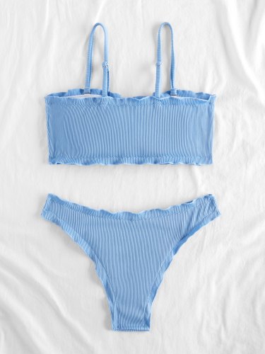 Ribbed Solid Lettuce Trim Bikini