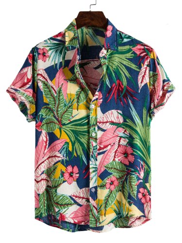 Men's Retro Tropical Floral Print Button Up Shirt