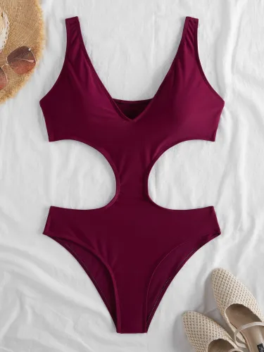 Solid Side Cut Out One-Piece Swimsuit