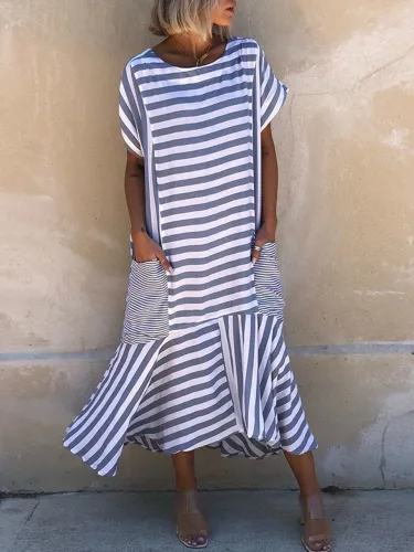 Plus Size Casual Stripes Short Sleeve Pockets Crew Neck Dresses