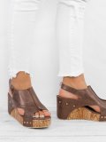 Plus Size Peep Toe PU Wedges Blocking Hook-Loop Wedge Sandals